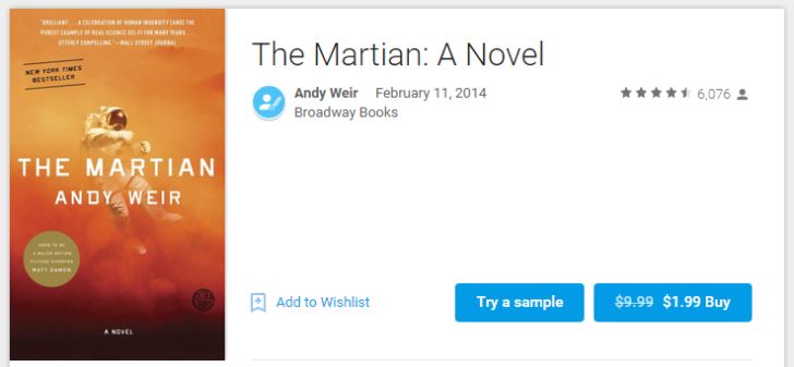 Fotografía - [Alerta Trato] Grab 'El marciano' Por Andy Weir Desde Google Play Books (O Kindle) Por $ 1,99 (Regularmente $ 9,99)